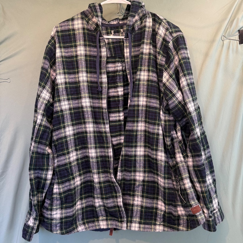 LL Bean Scotch Plaid Shirt Medium Relax Fit Full Zip Hoodie Blue Green Cotton